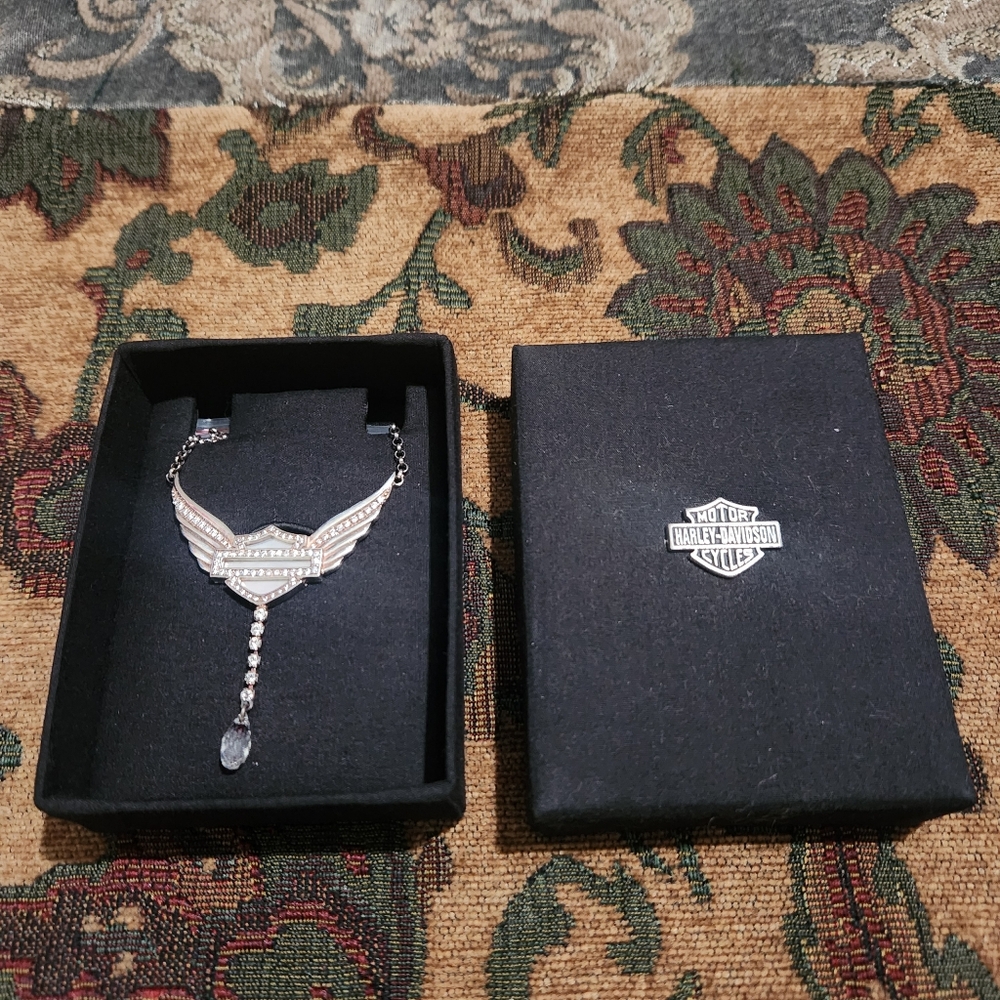 Sterling Silver Harley Davidson Wings CZ Mother of Pearl Necklace